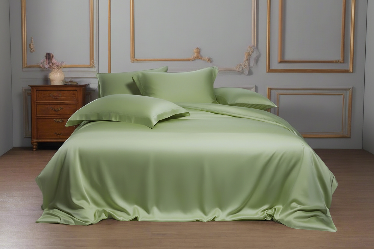 Green bedspread set on a bed in a bedroom with decorative wall molding.