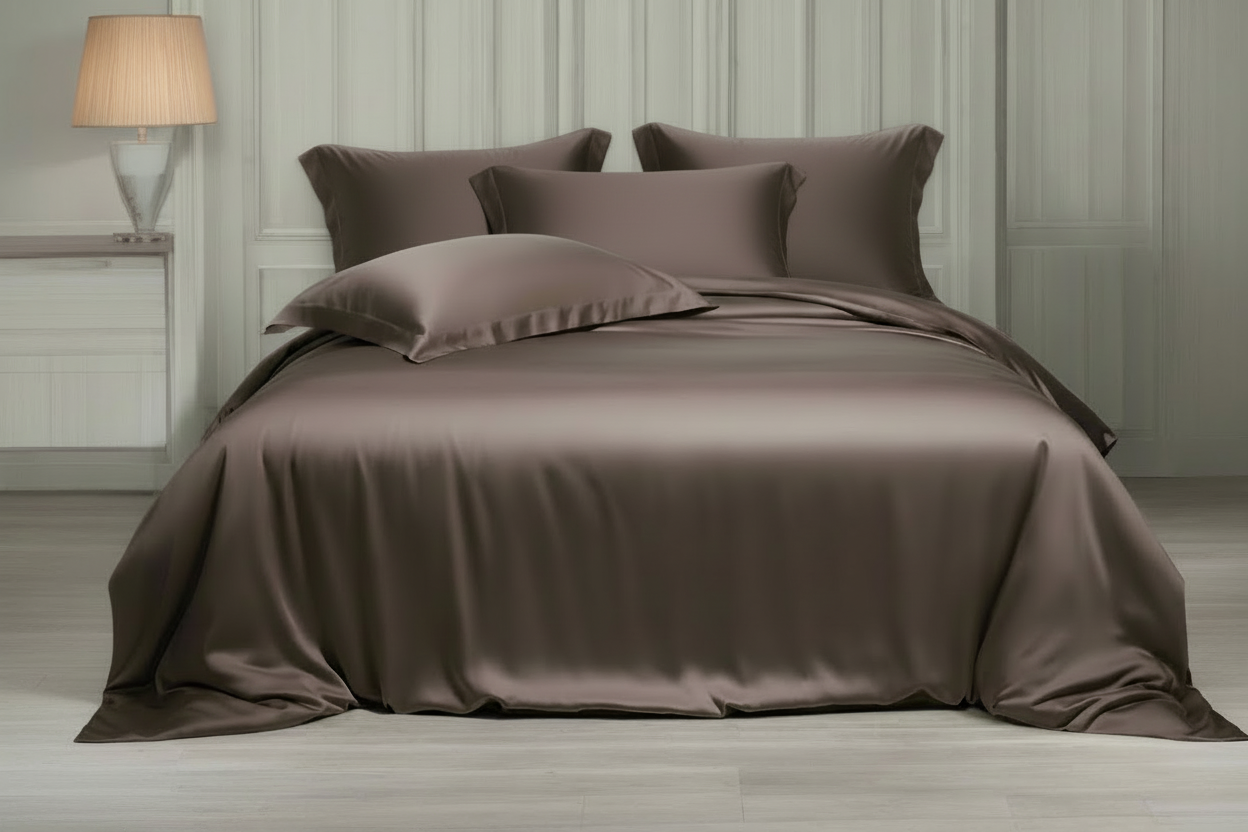 Latte bedspread on a bed in a bedroom with wooden walls and lamps.