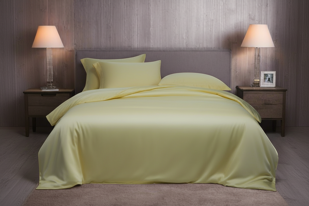 Yellow bedspread on a bed in a bedroom with wooden walls and lamps.