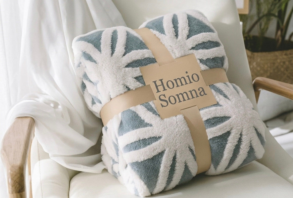 Fluffy blanket with 'Homio Somna' branding on a chair