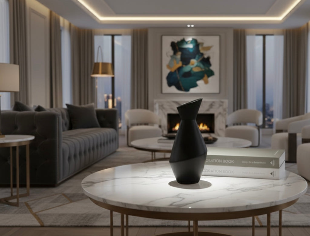 Modern living room with a black vase on a marble table, books, and a fireplace.
