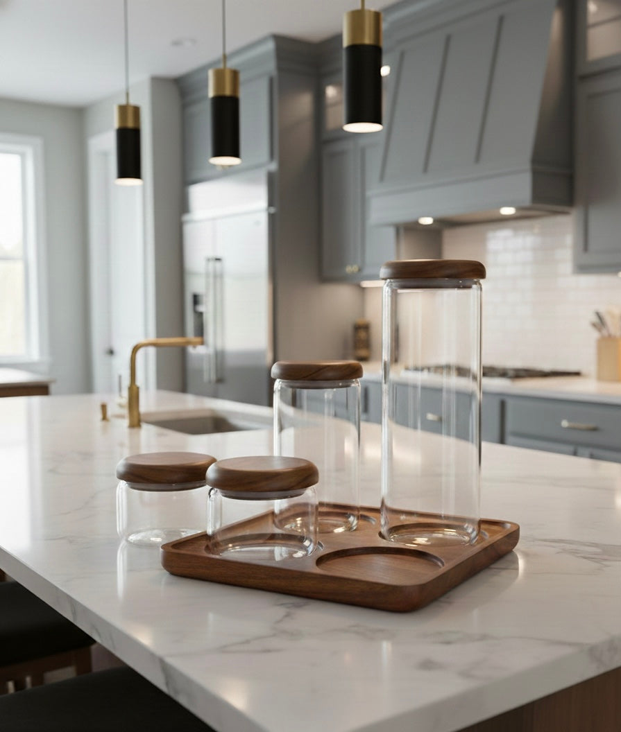 Clear glass jars with wooden lids on a wooden tray in a modern kitchen.