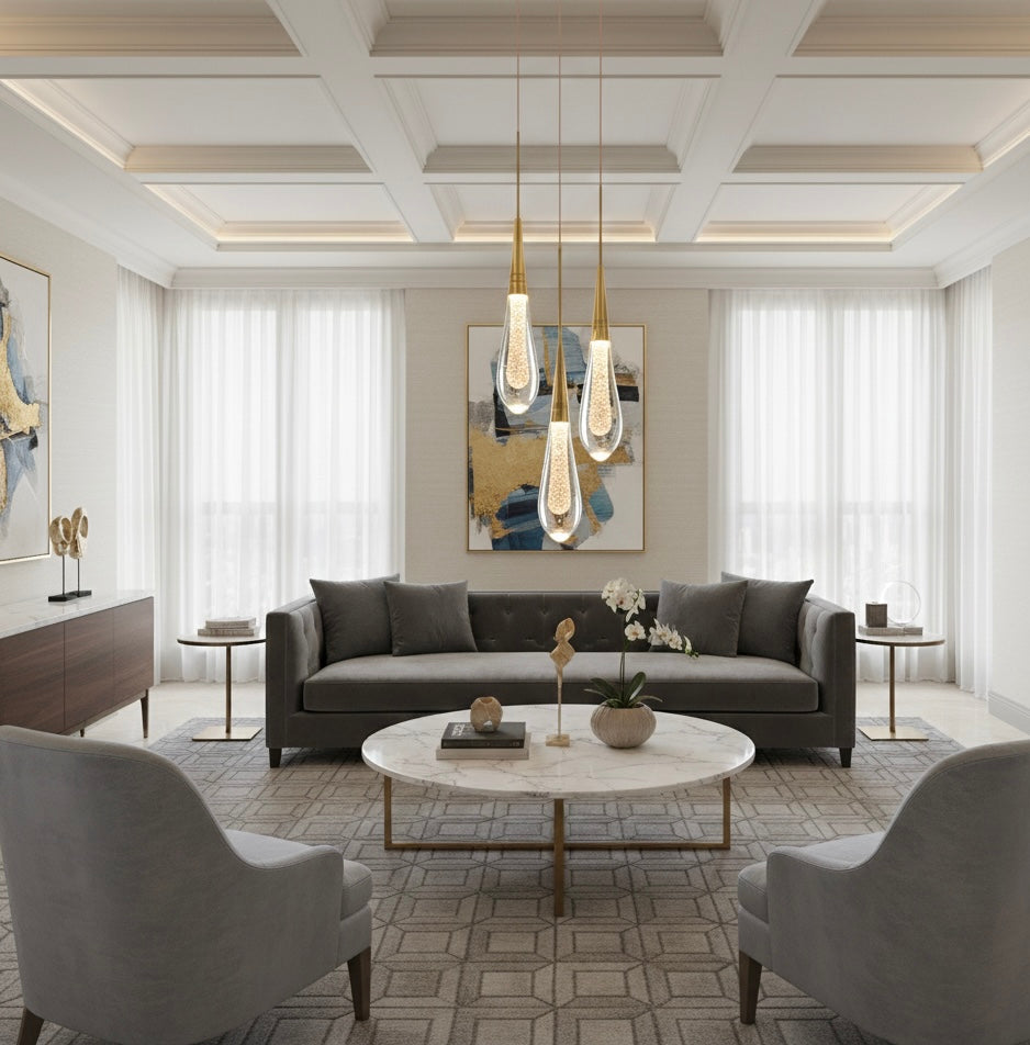 Modern living room with gray sofa, coffee table, and decorative elements.