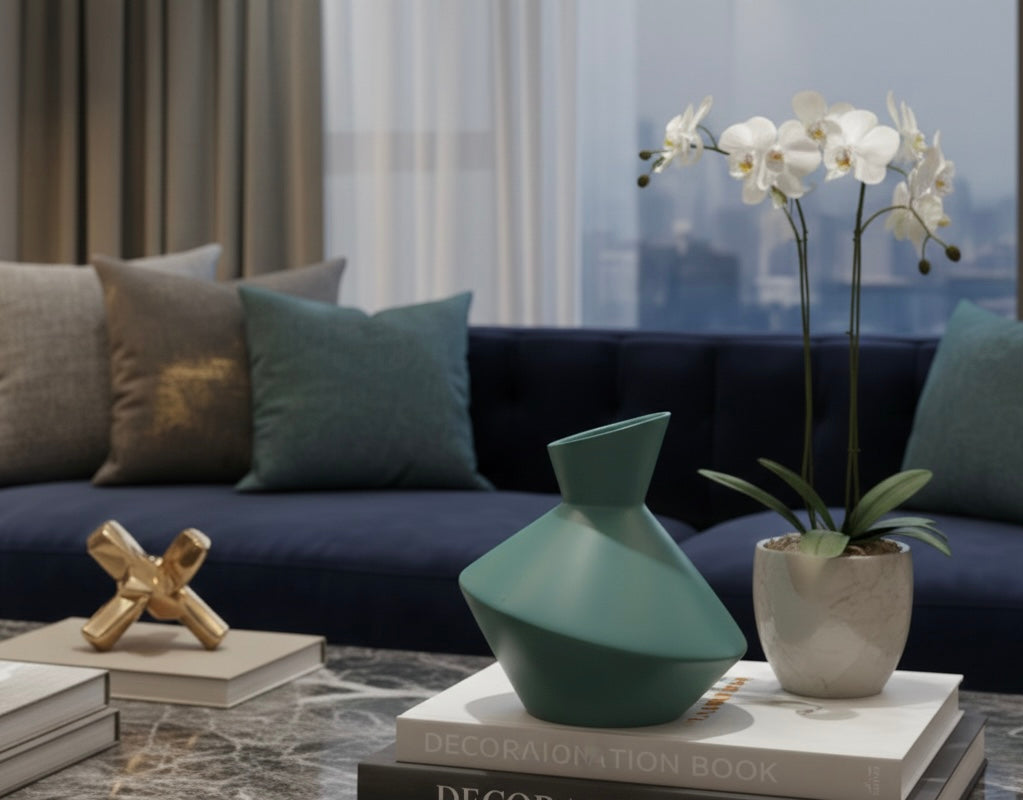 Teal vase and potted plant on a coffee table with a cityscape in the background
