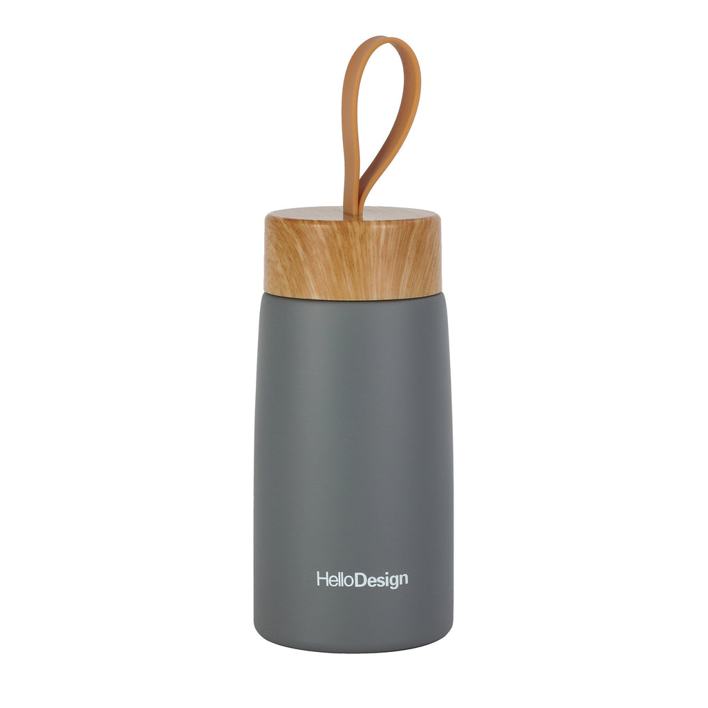 Gray insulated bottle with wooden lid and handle on a white background
