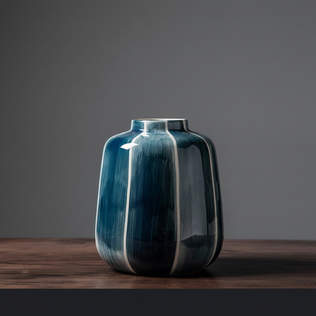 Blue ceramic vase with measurements on a wooden surface and gray background