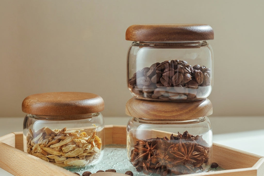 Three glass jars with wooden lids containing different spices on a wooden tray.