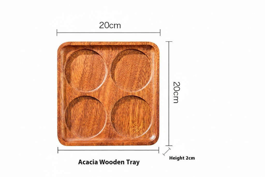 Wooden tray with dimensions labeled on a white background
