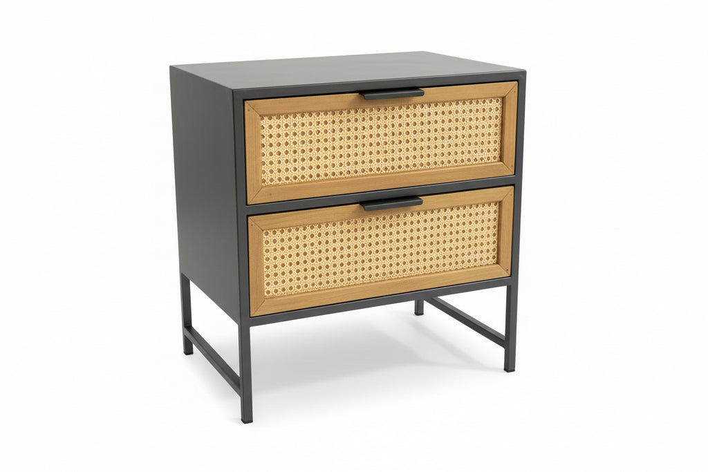 Two-drawer cabinet with rattan front panels on a white background
