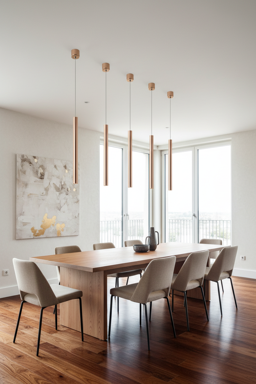 Modern dining room with wooden table, chairs, and pendant lights.