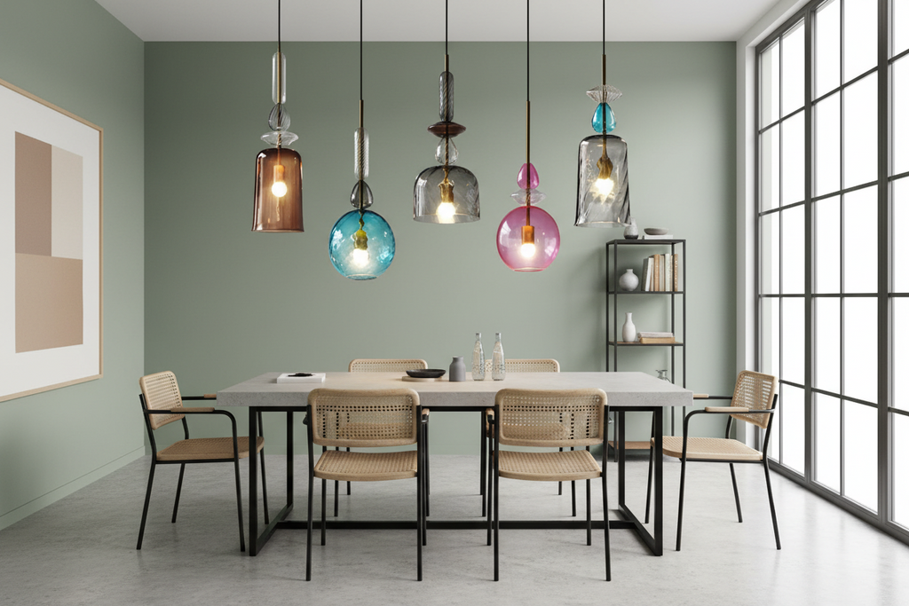 Modern dining room with a table, chairs, and colorful pendant lights.