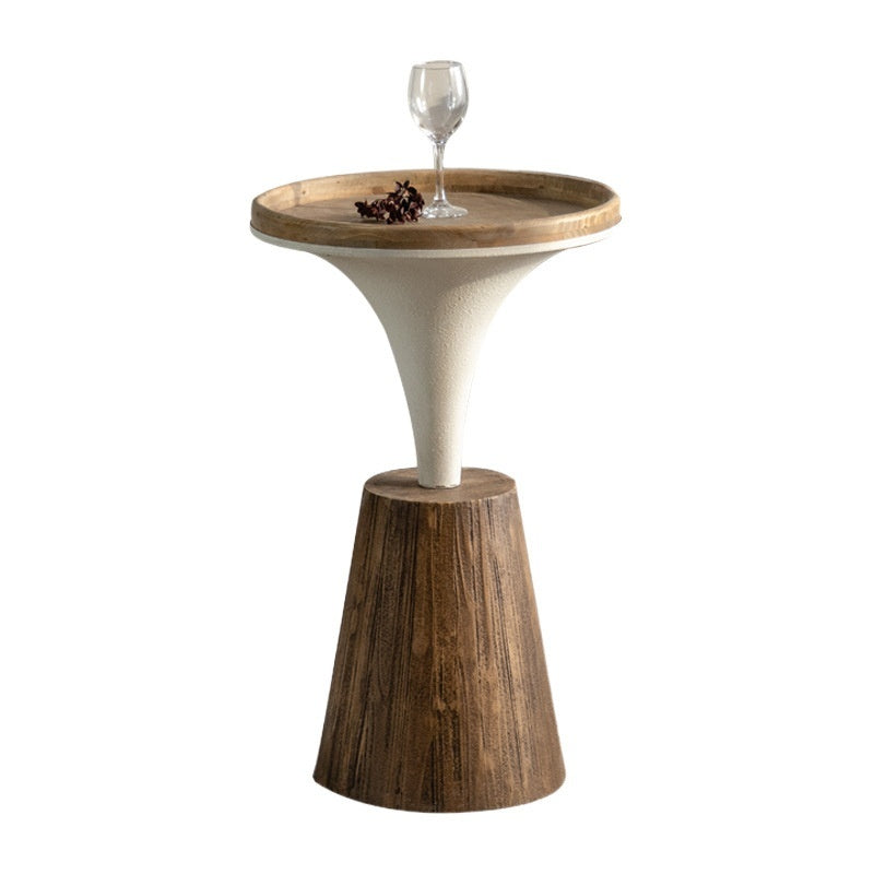 Wooden side table with a white cylindrical top and wooden base on a white background