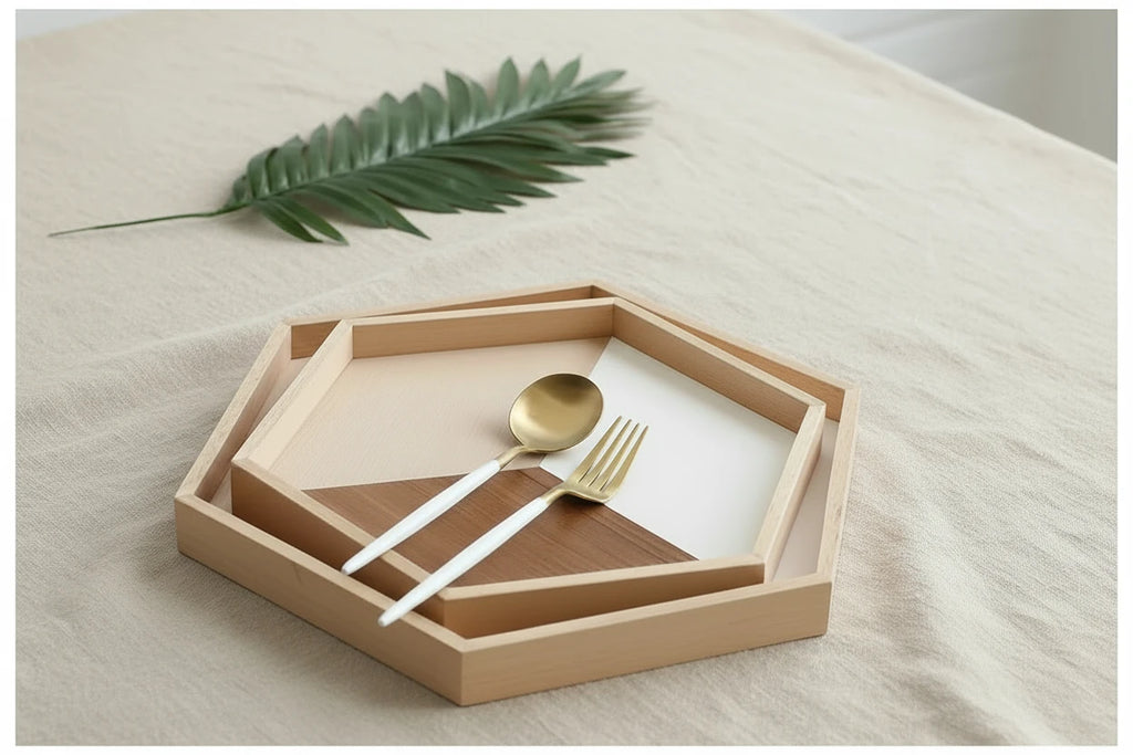 Wooden tray with cutlery on a light surface with a leaf decoration